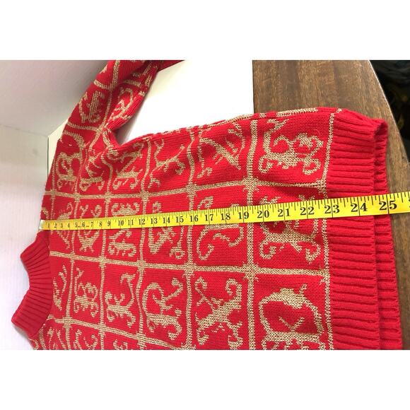 Vtg 80s Adele Boho Christmas All Over ABC Print Knit Sweater Gold/red Sz M - Picture 9 of 10